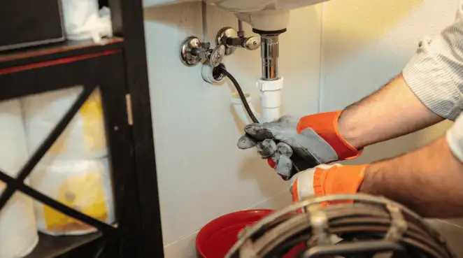 Drain cleaning technician using a motorized plumbing snake to clear a clogged sink pipe in Tampa, FL